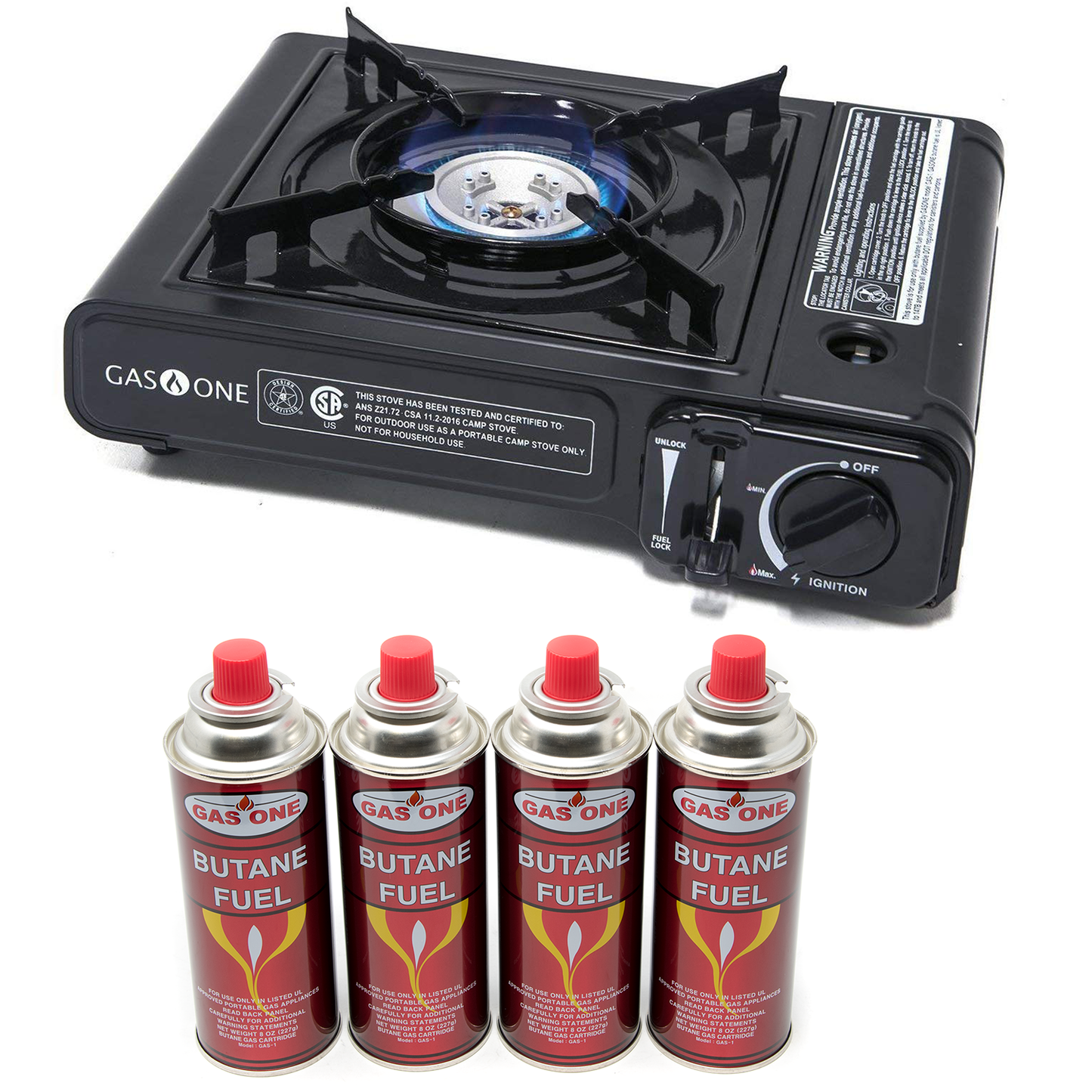7,650 BTU Portable Butane Camp Stove & 4 Pk Butane Canister Bundle