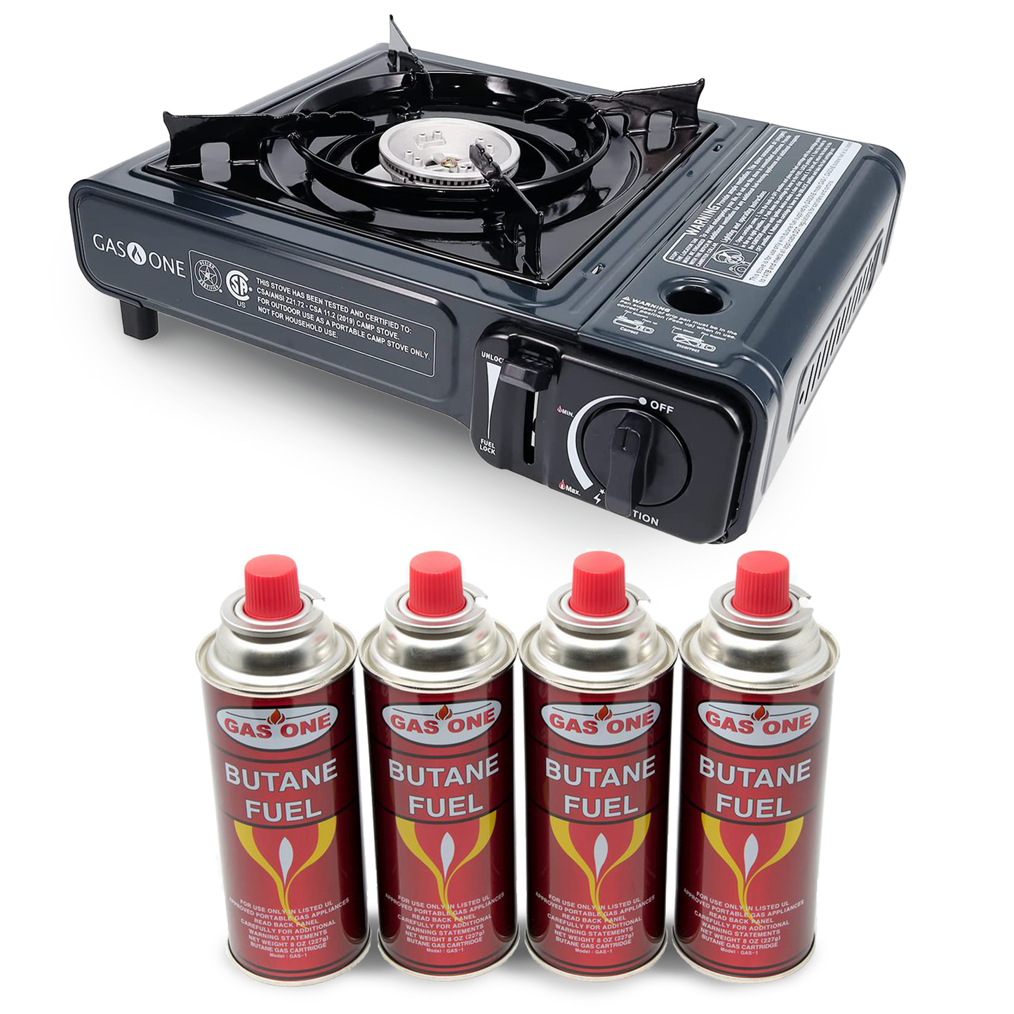 9,000 BTU Portable Butane Camp Stove & 4 Pk Butane Canister Bundle