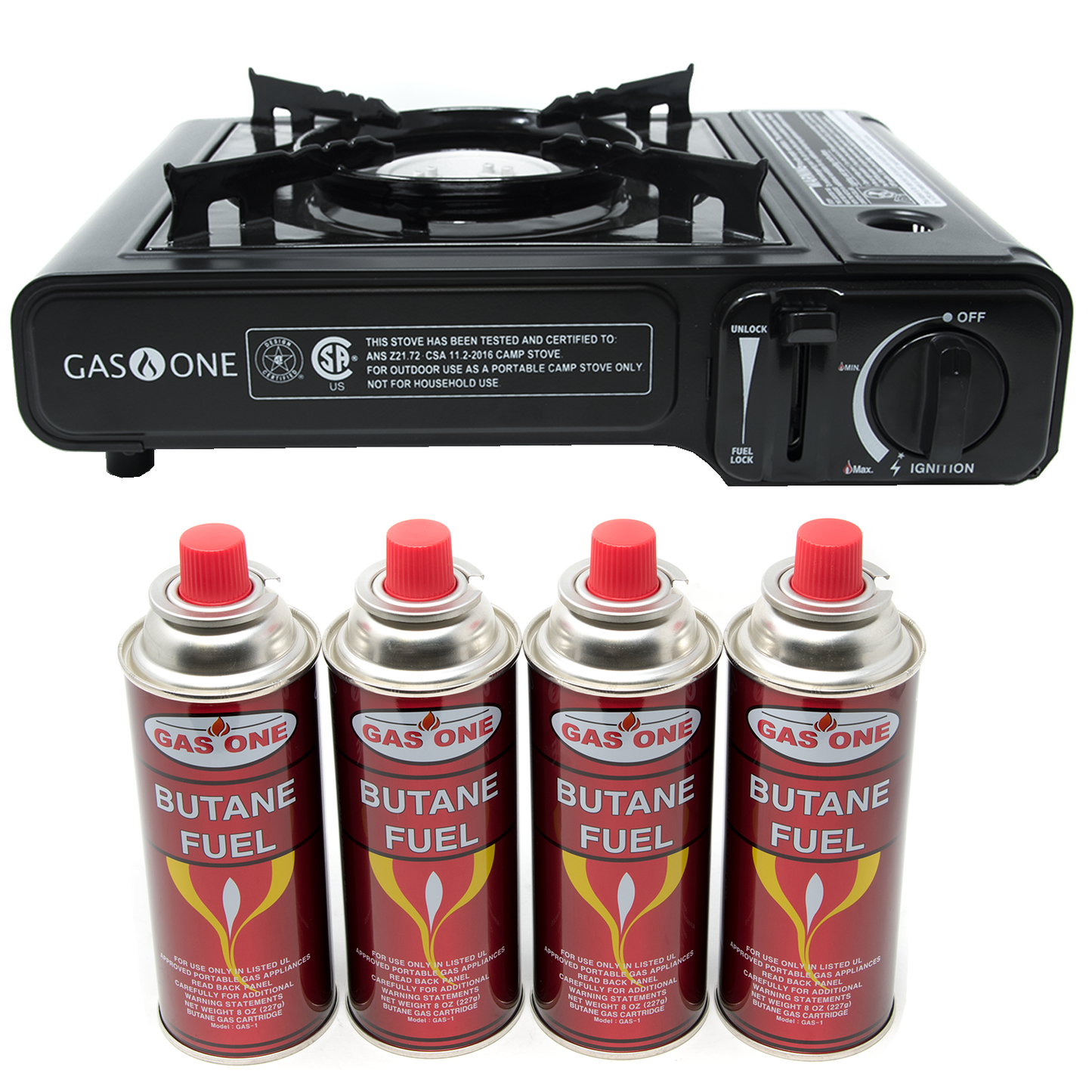 9,000 BTU Portable Butane Camp Stove & 4 Pk Butane Canister Bundle