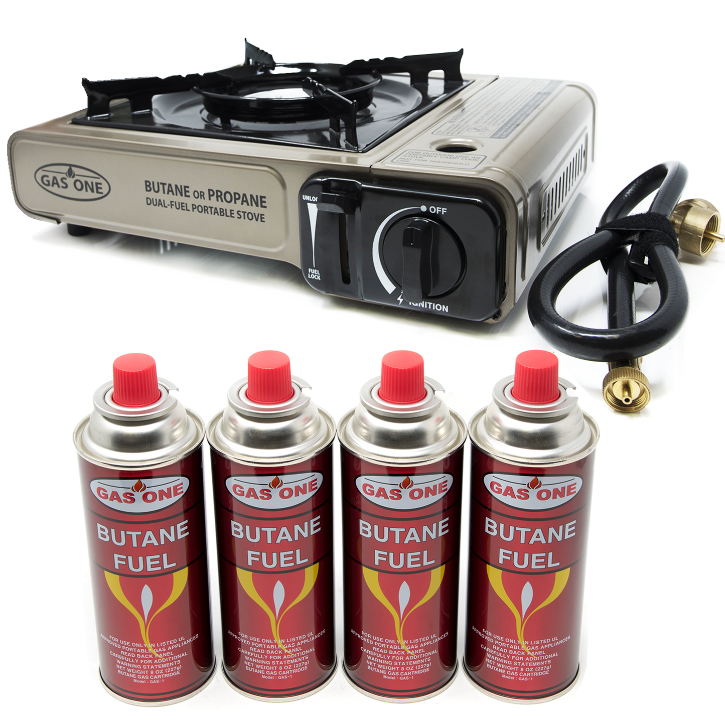 8,000 BTU Portable Butane and Propane Camp Stove & 4 Pk Butane Canister Bundle