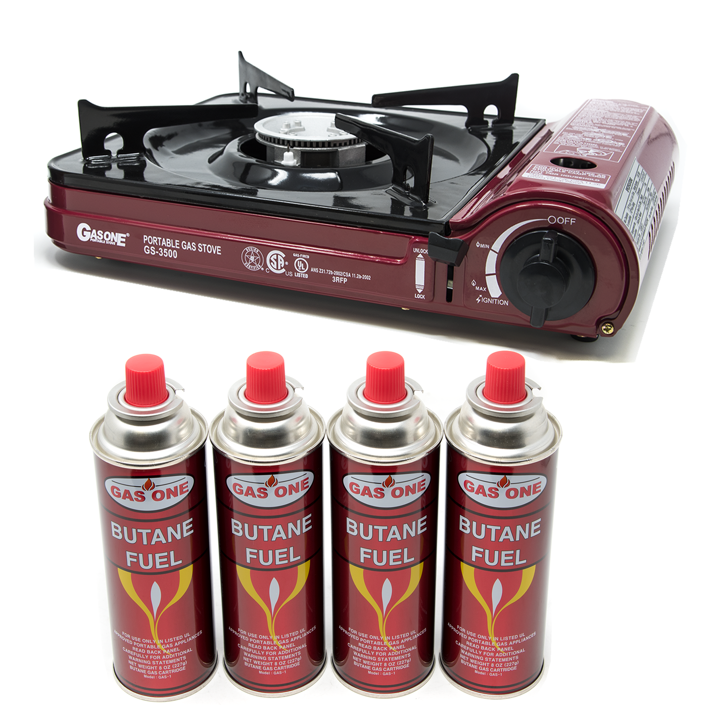 7,650 BTU Portable Butane Camp Stove & 4 Pk Butane Canister Bundle