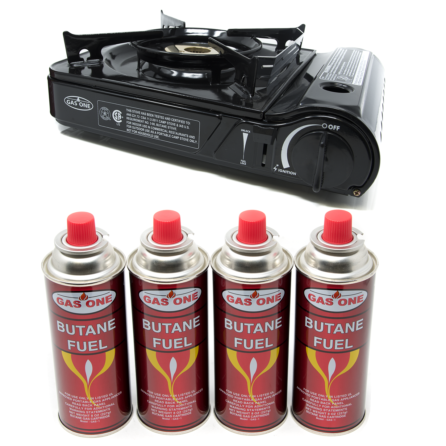 11,000 BTU Portable Butane Camp Stove & 4 Pk Butane Canister Bundle