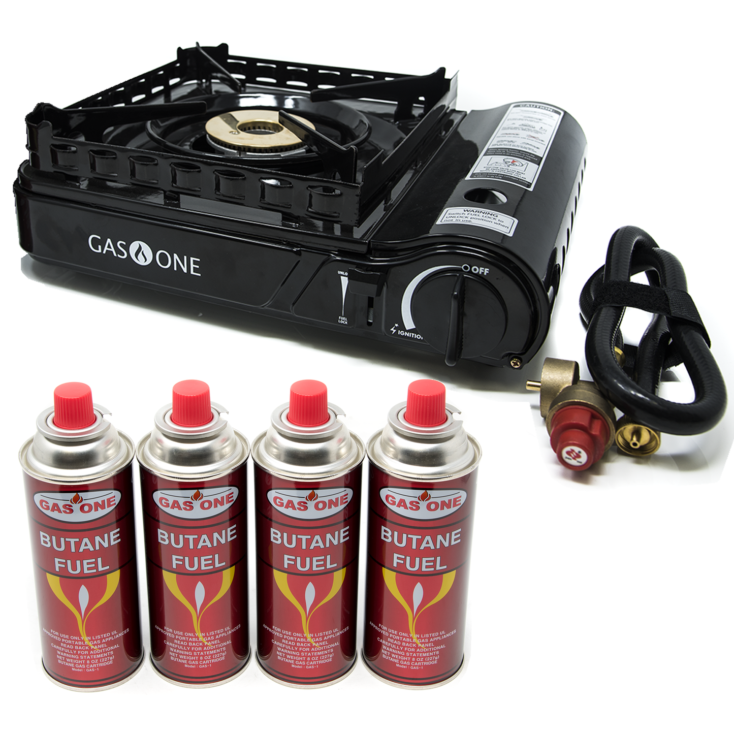 15,000 BTU Portable Butane and Propane Camp Stove & 4 Pk Butane Canister Bundle