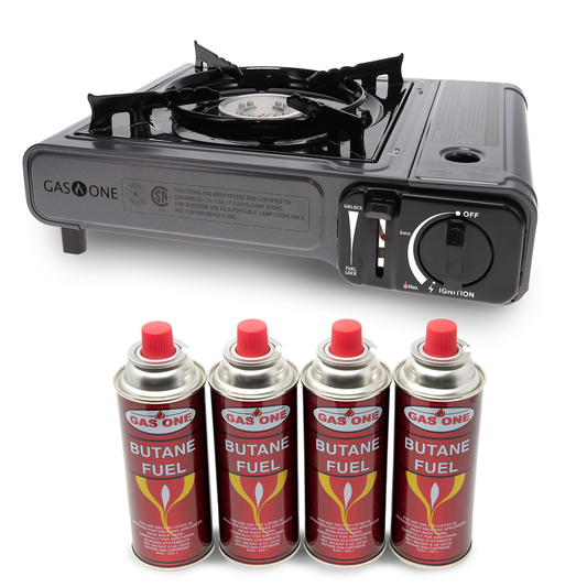 7,650 BTU Portable Butane Camp Stove & 4 Pk Butane Canister Bundle